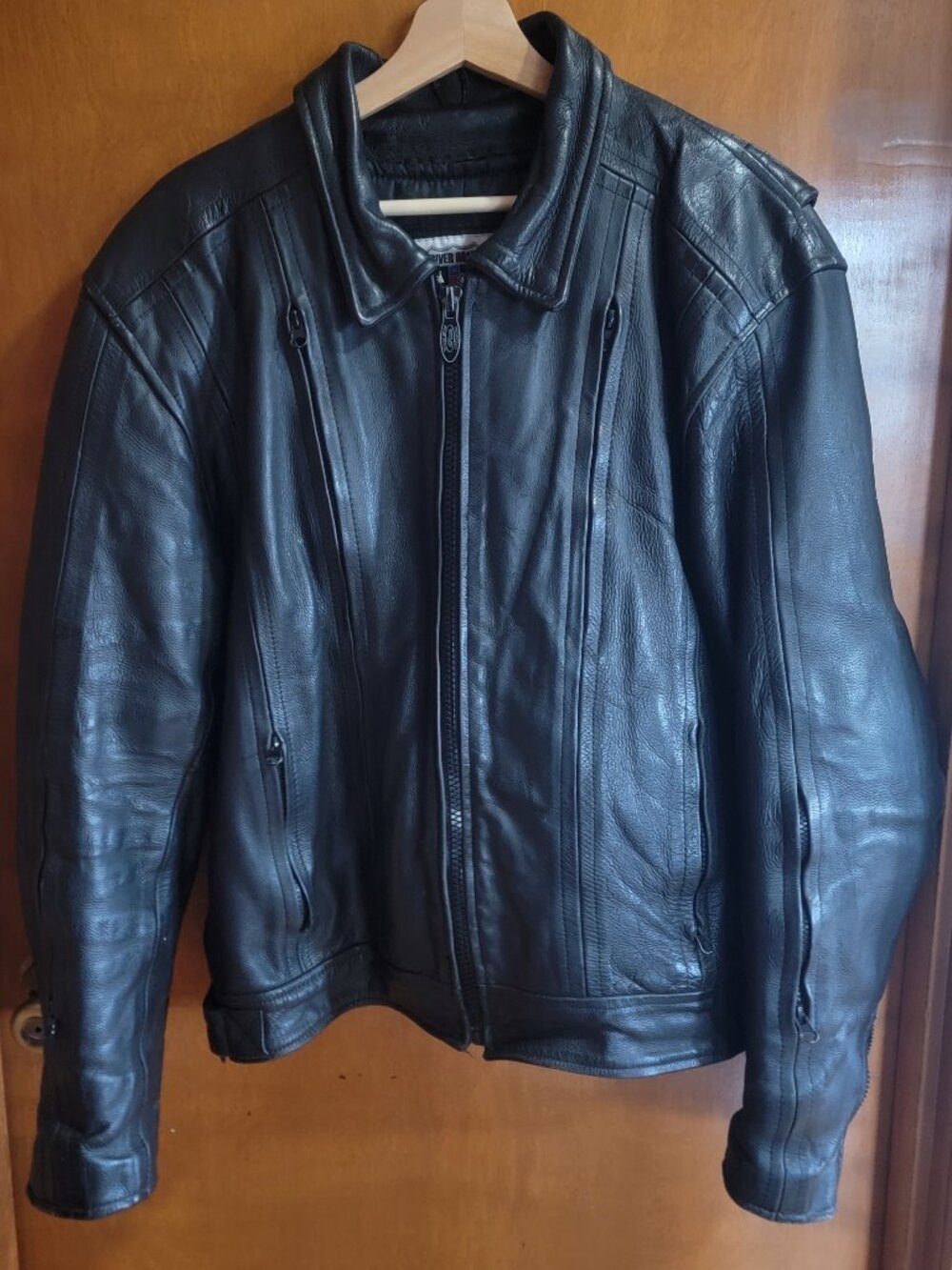 River Road men’s black leather motorcycle coat jacket 46